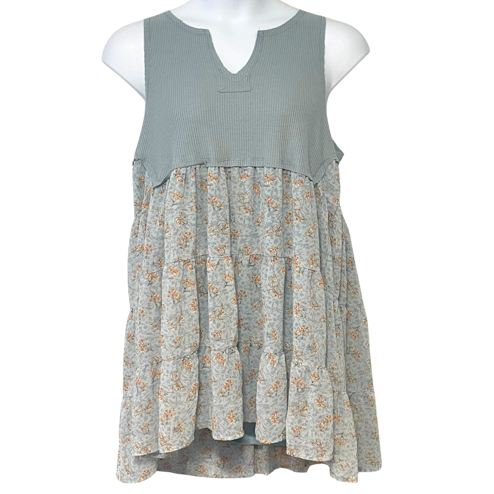 Entro Sz L Hi-Low Hem Dress Waffle Knit Bodice Floral Tiered Skirt Cottagecore